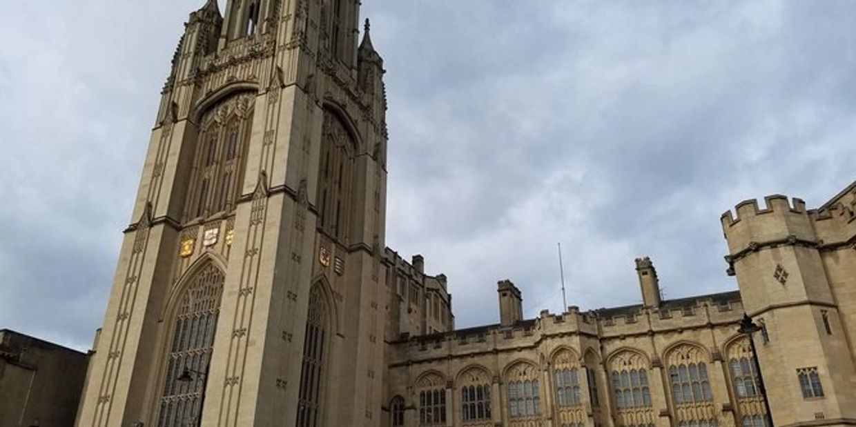 University of Bristol campus building. Photographed from a upward shot with the buildings spire.