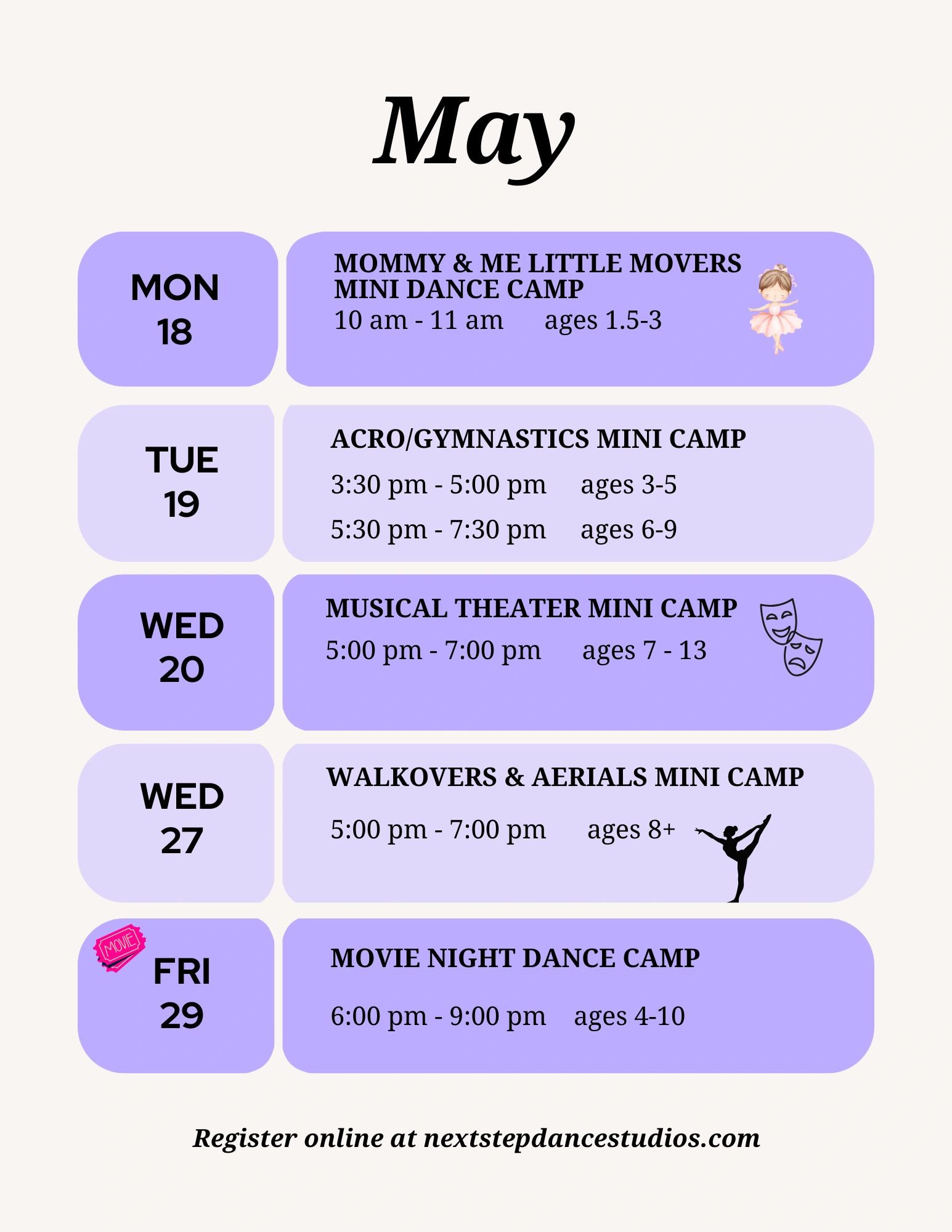 May dance camps schedule for different age groups at Next Step Dance Studios.