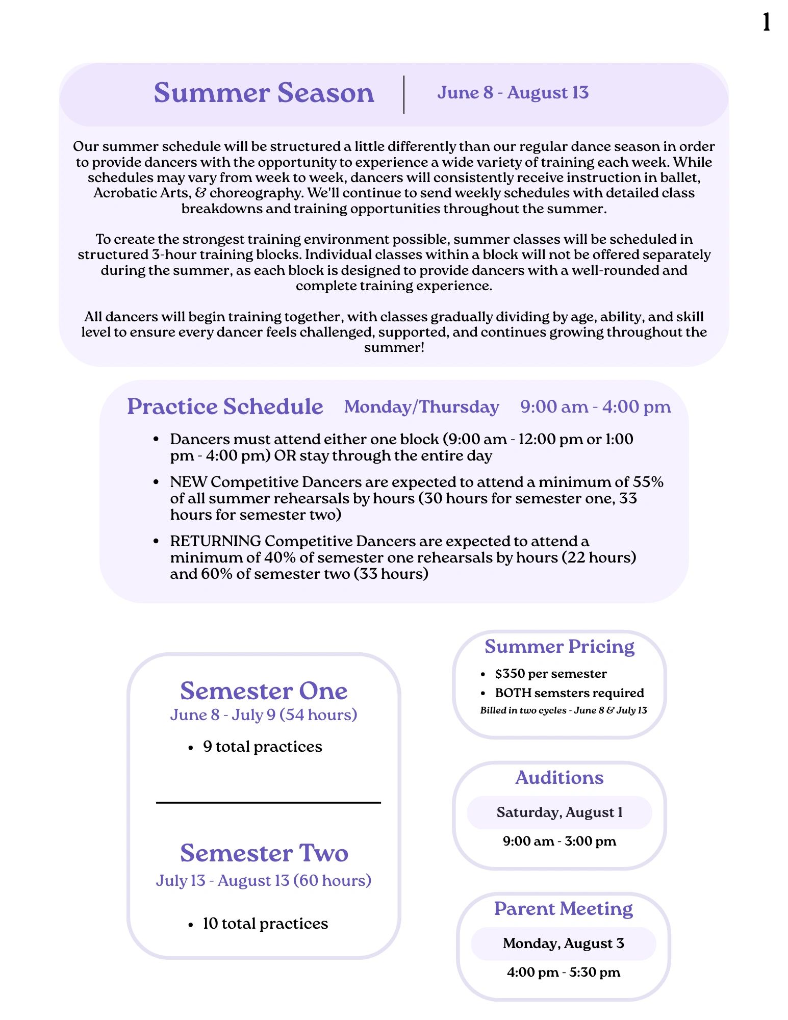 Summer dance season schedule with practice blocks, pricing, auditions, and parent meeting details.