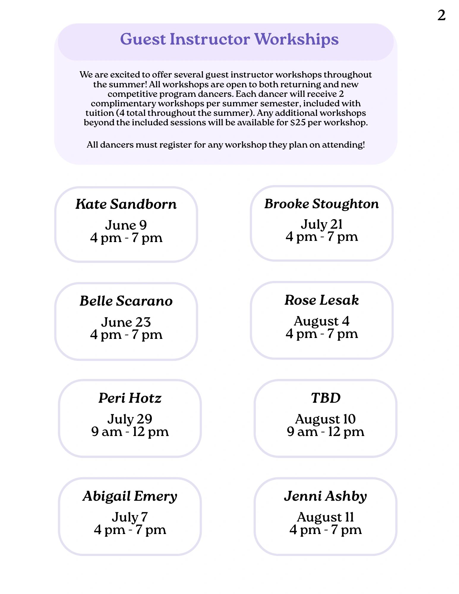 Schedule of summer guest instructor workshops for dancers with dates and times.