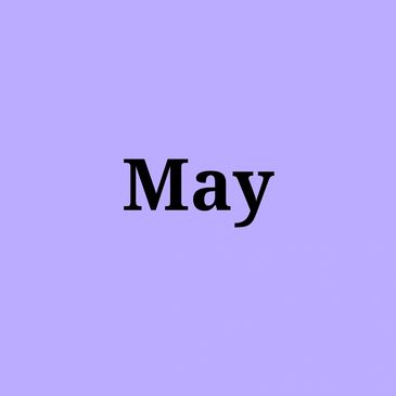 The word 'May' in bold black font on a purple background.