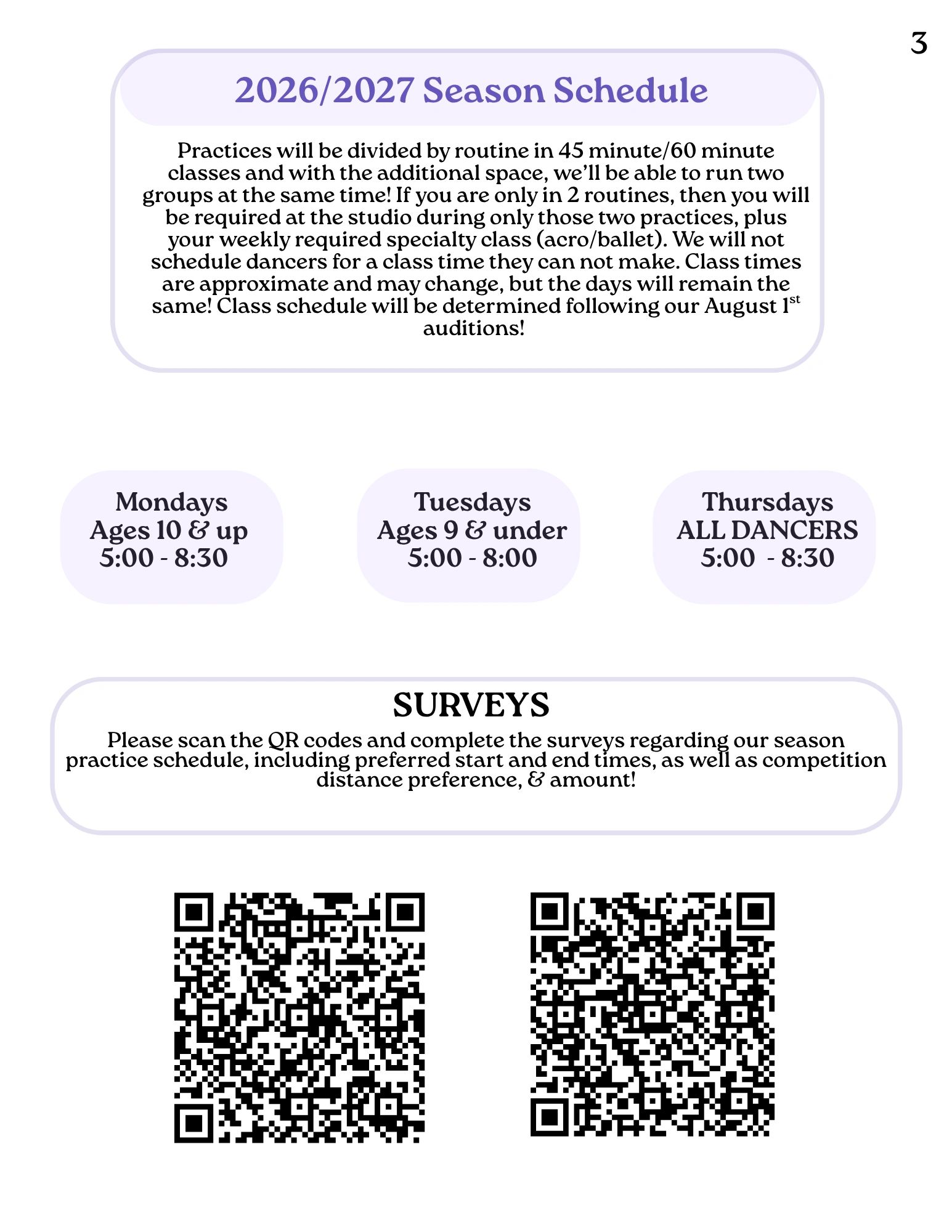 2026/2027 dance season practice schedule and survey QR codes.