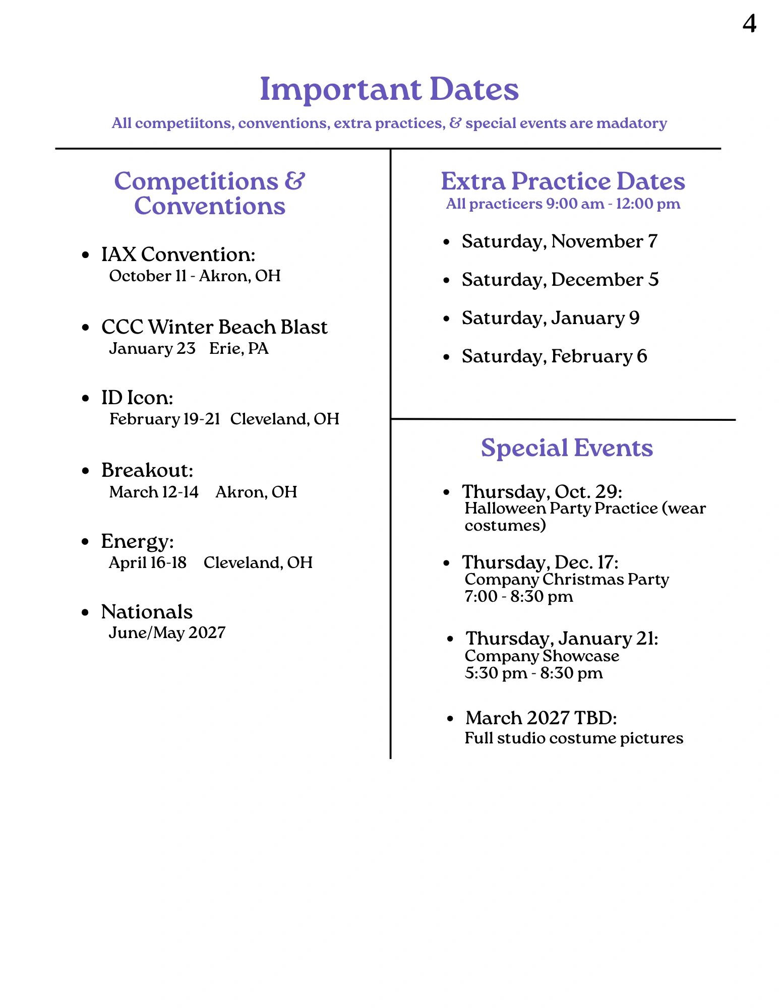 Important dates for competitions, extra practices, and special events listed for 2026-2027 season.
