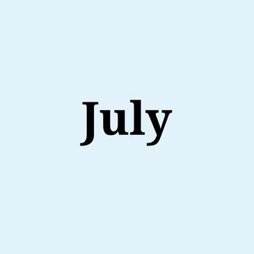 The word 'July' in bold black font on a light blue background.