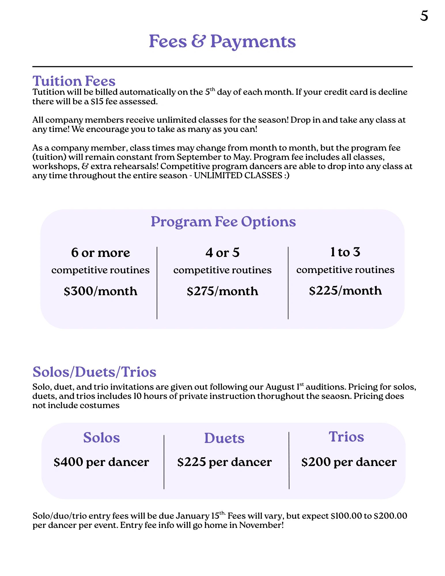 Tuition fees and program fee options for competitive dance routines and solos/duets/trios.