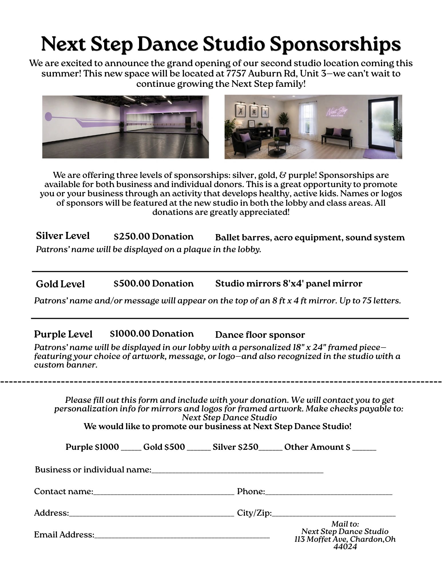 Next Step Dance Studio sponsorship flyer with donation levels and benefits.