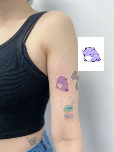 cute color hippopotamus  tattoo by mostro tattoo singapore, best tattoo studio in singapore