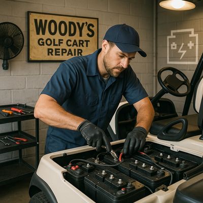 A mechanic repairing a golf cart battery in a workshop.