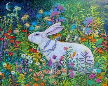 white rabbit in garden, white rabbit painting, imaginative realism rabbit, creative realism rabbit, 
