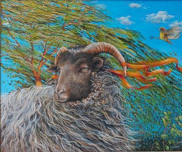 Sheep painting, creative realism sheep painting, sheep in wind, dark faced sheep,