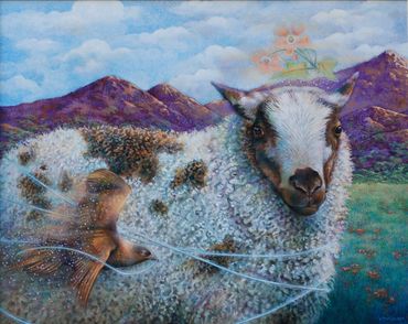creative realism sheep, spotted sheep, sheep and bird, sheep and mountains,