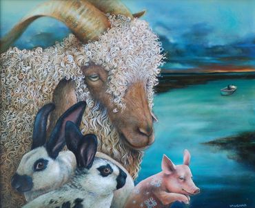 Sheep goat painting, sheep goat with rabbits, piglet, creative realism sheep goat painting