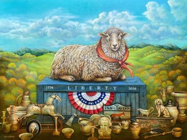 Sheep painting, Sheep and antiques,
Sheep celebrating 25'th anniversary of America in 2026