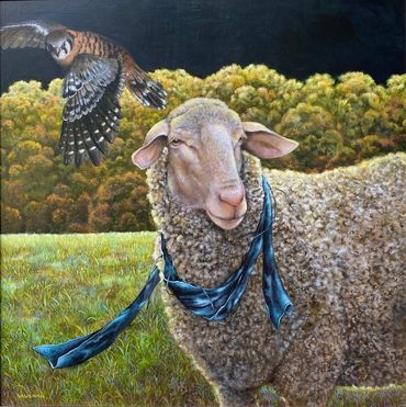 sheep painting, sheep oil painting, beautiful sheep painting, white sheep, creative realism sheep, m