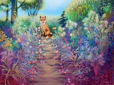 red fox in garden painting, fox in garden painting, magical realism fox, imaginative realism fox, cr