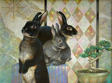 black rabbit, rabbit painting, rabbits in painting, creative realism rabbit, magical realism rabbits