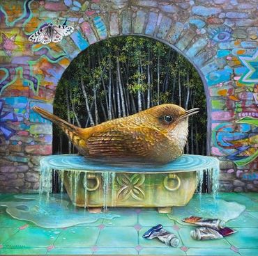 magical realism bird, imaginative realism bird, colorful bird, bird painting, bird in birdbath ,  ar
