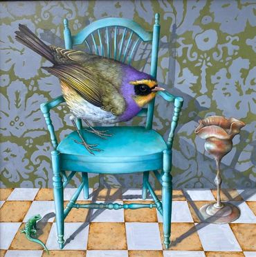 bird on chair, bird painting, beautiful bird painting, fantasy bird painting, creative realism bird 