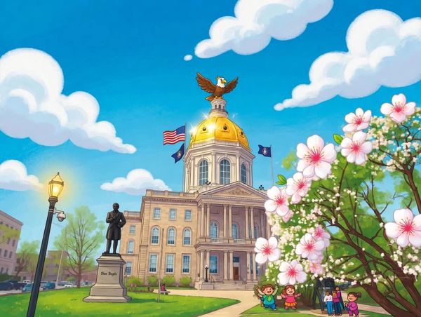 Illustration of a government building with a golden dome and blooming trees under a blue sky.