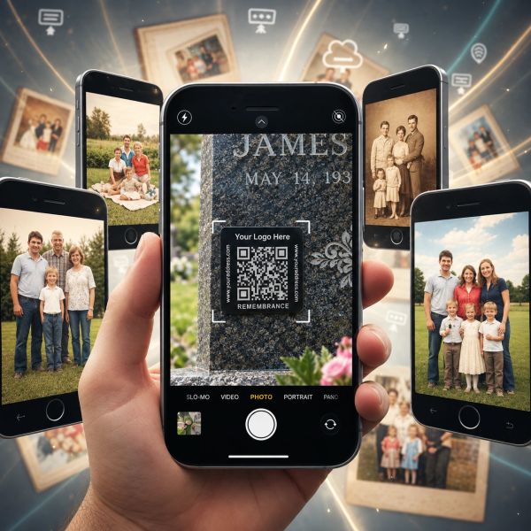 Phones scanning a QR code on a gravestone surrounded by family photos.