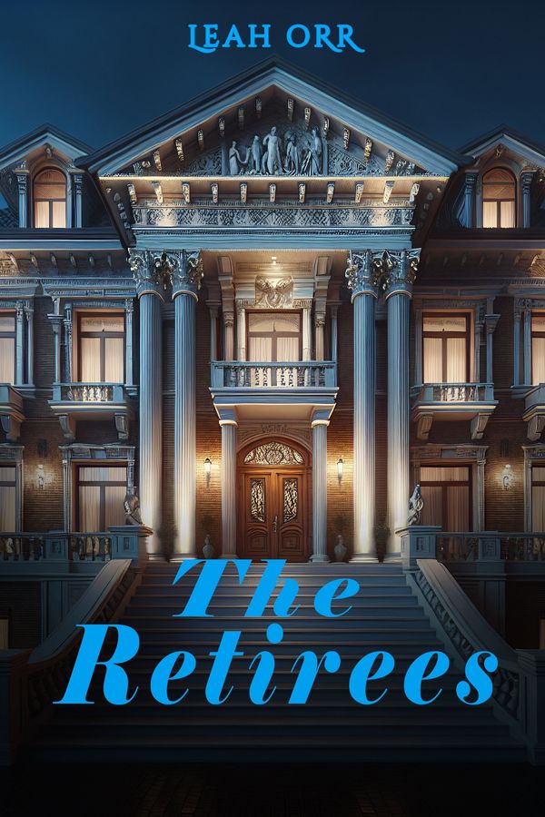 Elegant mansion entrance illuminated at night, titled 'The Retirees' by Leah Orr.
