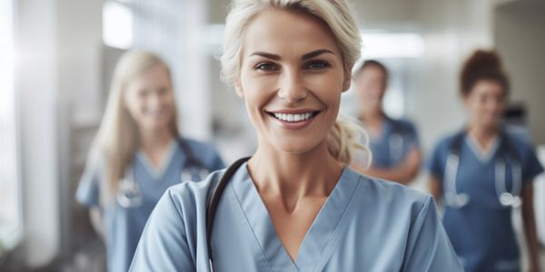 Smiling female healthcare professional with colleagues in the background.