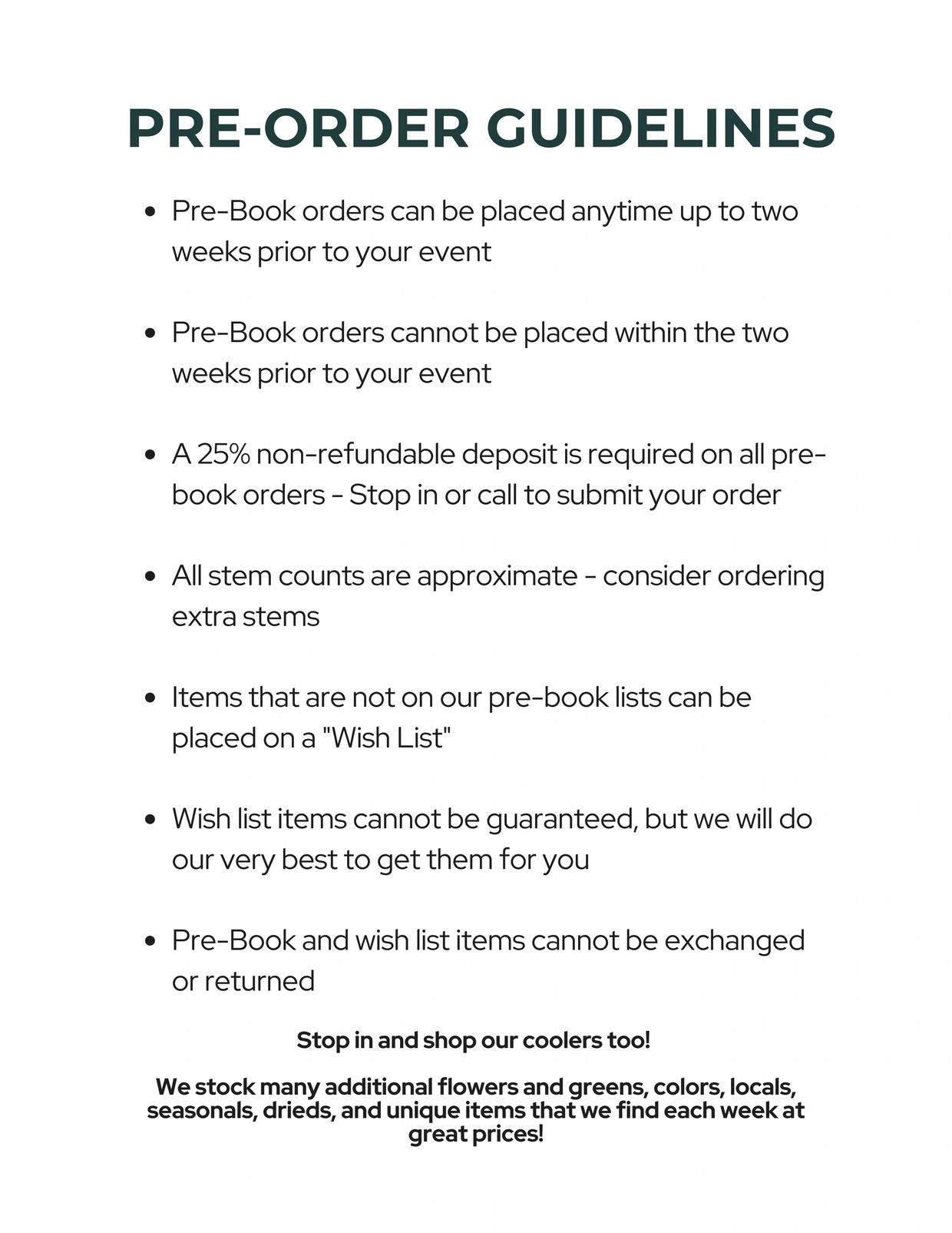 Pre-order guidelines for flower orders with deposit and wish list details.