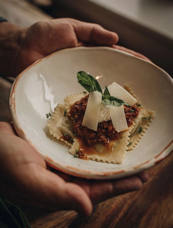 Homemade Peruvian Artichoke & Asparragus Ravioli a la Bolognese