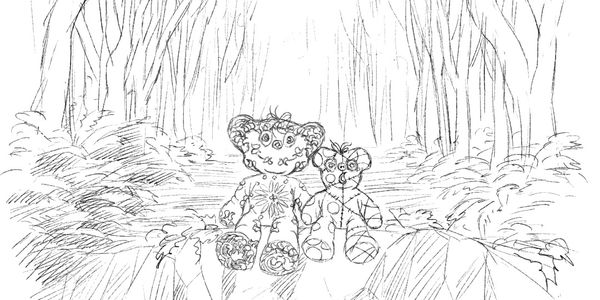 Book illustration: Teddy bears under moonlight.
