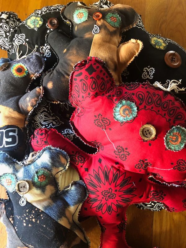 Handmade Curtis & Fergus teddy bears with unique designs.