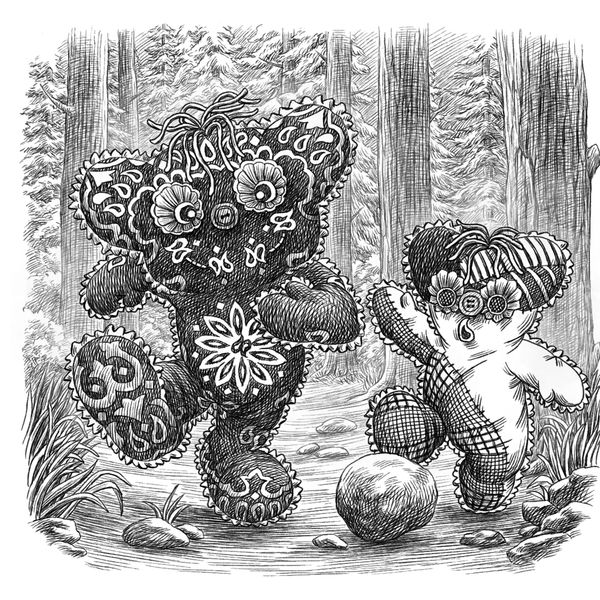 An illustration of two teddy bears walking through the woods.