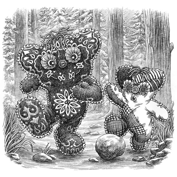 An illustration of two teddy bears walking through the woods.