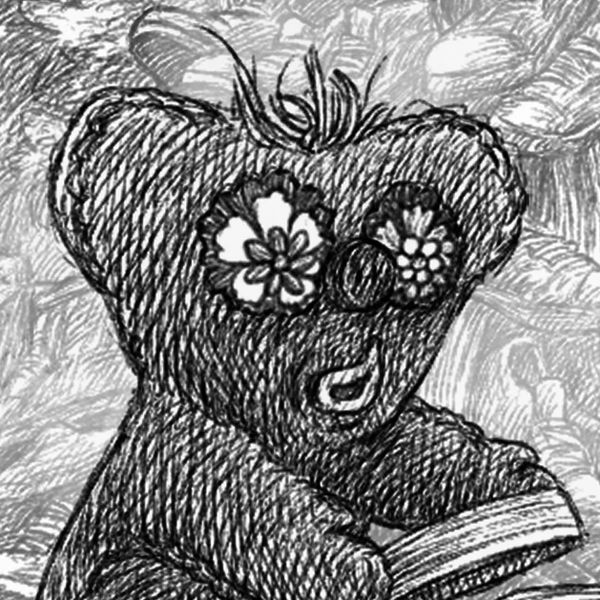 Detailed drawing of a teddy bear opening a jar. Nature, village scene.