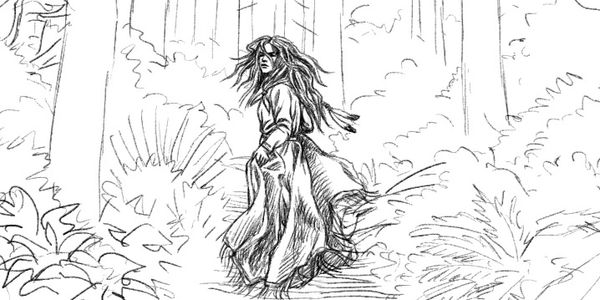 Sketch of a woman in the woods turning around while walking away on a path.