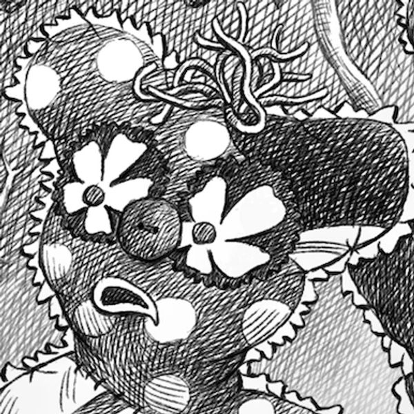 A close-up black and white illustration of a teddy bear looking surprised.