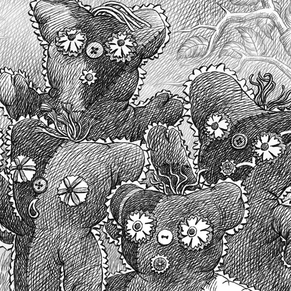 Hand-drawn teddy bears with flowers for eyes.