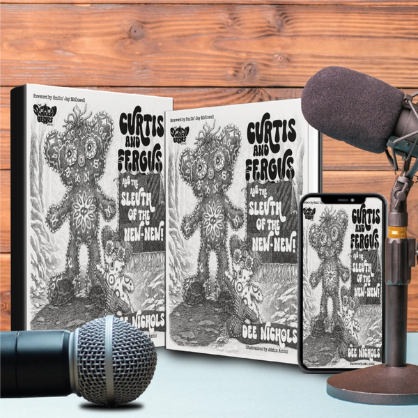 The "Curtis and Fergus and the Sleuth of the New-New!" book in hardcover, softcover, and e-book.