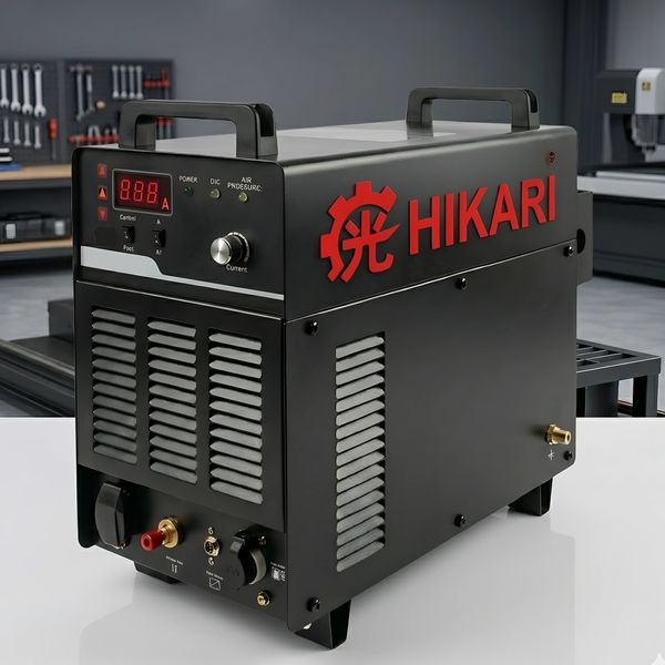 Black Hikari welding machine with red logo and digital display on workbench.