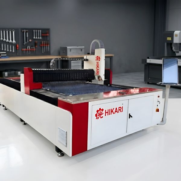 HIKARI branded industrial laser cutting machine in a workshop.