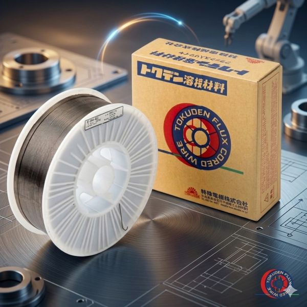 Spool of welding wire and a box of Tokuden Flux on a technical blueprint.