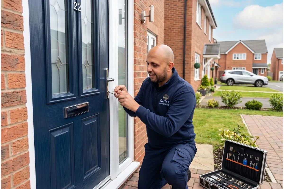 A professional photo of Shayne working at a real UK front door