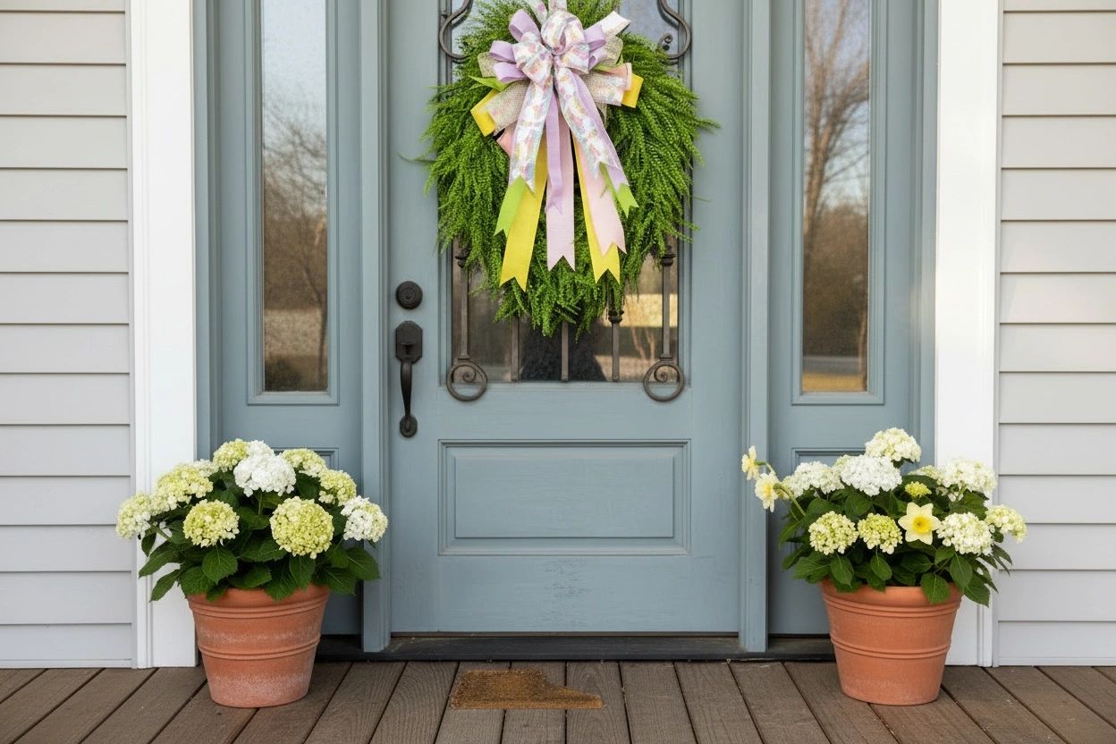 Blue front door decorated with a green wreath and colorful ribbon, flanked by potted white hydrangeas.