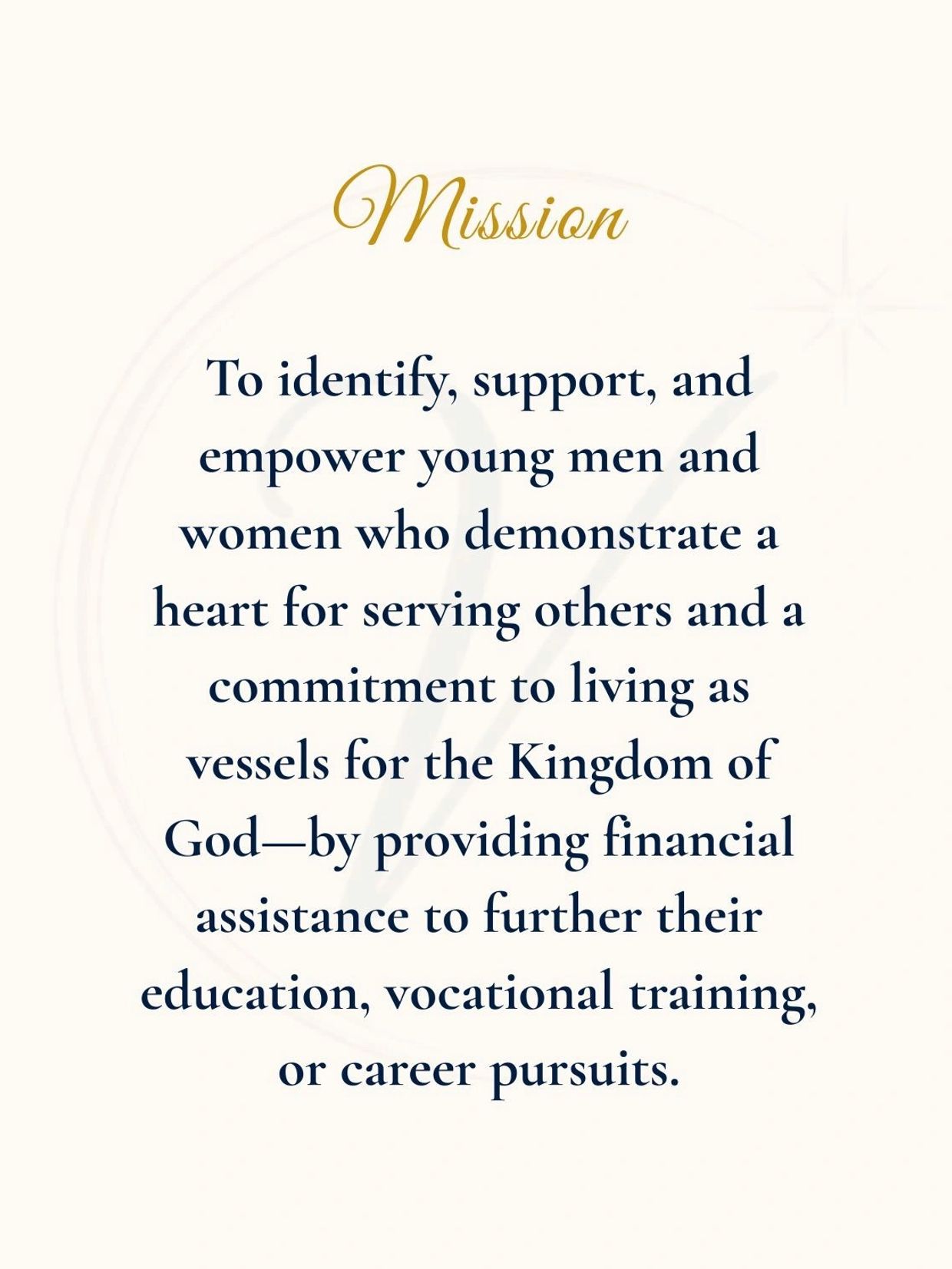 Mission statement about empowering young people with financial assistance.