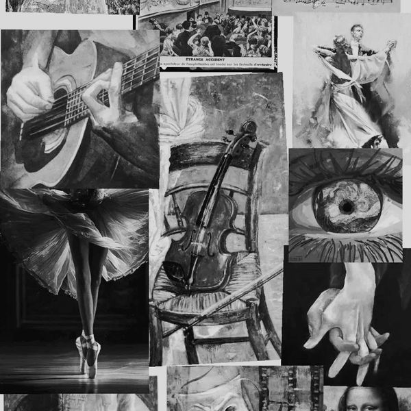 Black and white collage of artistic expressions including dance, music, and emotion.