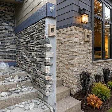 Decorative stone veneer repair and replacement on a Colorado home.