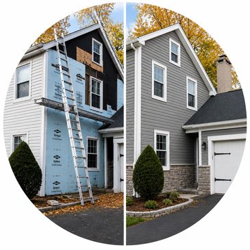 Before-and-after vinyl siding replacement, stone veneer and exterior upgrades on a Colorado home.