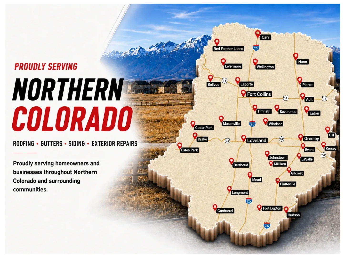 My Roofer service area: roofing, siding, gutters and exterior repairs throughout Northern Colorado.