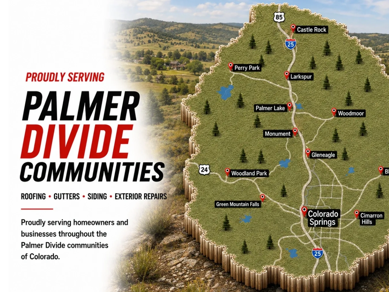 My Roofer service area: roofing, siding, gutters and exterior repairs in Palmer Divide communities.