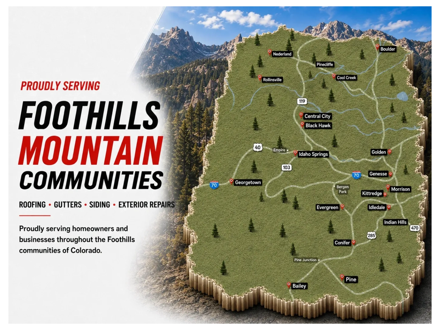 My Roofer service area: roofing, siding, gutters and exterior repairs in the Foothills communities.