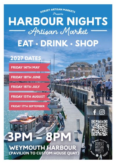 Poster for Harbour Nights Artisan Market in Weymouth Harbour, 2027 dates listed.